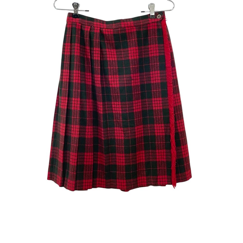 Vintage 60s Skirtcraft Women Red Green Plaid Wool Pleated Fringe Wrap Mini Skirt
